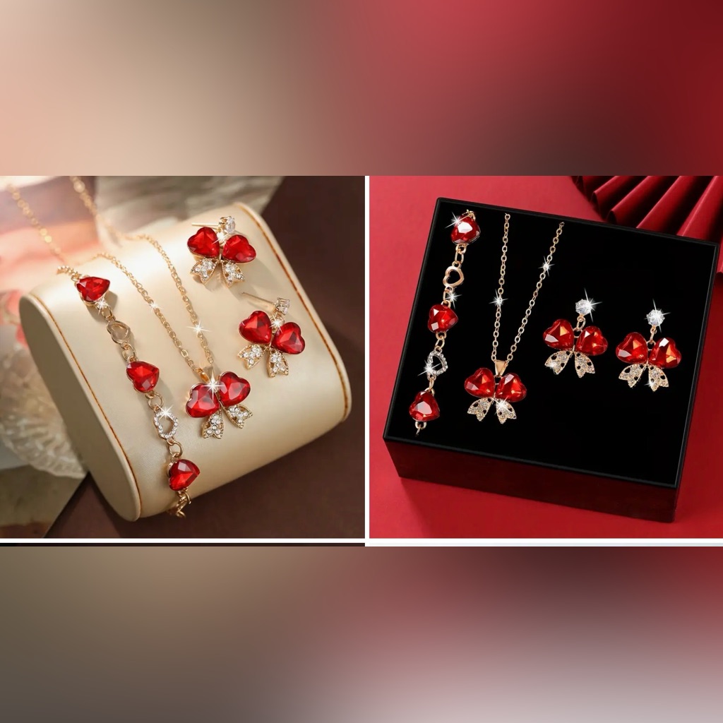 Elegant Sparkling Red Bow Crystal Heart Jewelry Set 3pc New Absolutely Beautiful